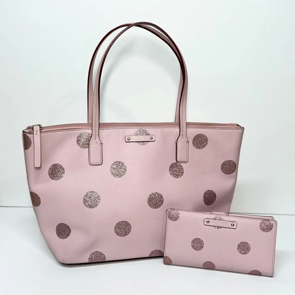 Kate Spade Pink Glitter Polka Dot Tote Bag and Wallet Set Saffiano Leather - Picture 1 of 7
